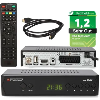 RED OPTICUM HD Sat Receiver für Satellitenschüssel mit Aufnahmefunktion S-Box PVR - Timeshift, HDMI, SCART, USB, Coaxial - Digital TV Receiver für Satelliten/Satellit + HDMI Kabel