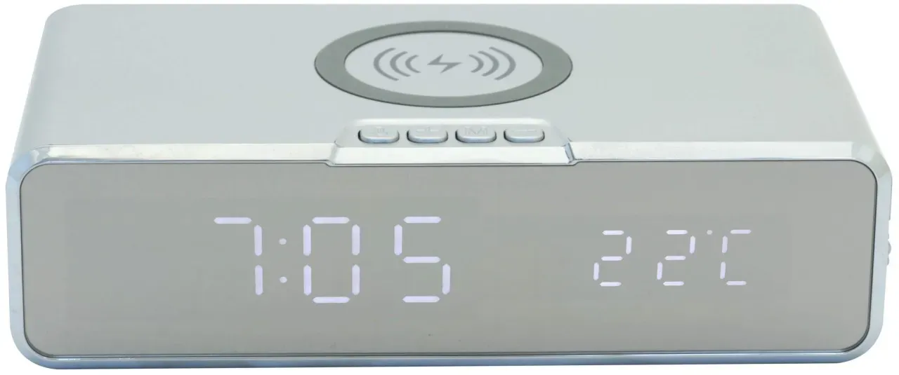 Tischuhr mit kabelloser Smartphone Ladefunktion Temperatur Alarm silber