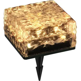 ledscom.de LED Solar-Pflasterstein Bodeneinbauleuchte BROSLO mit Erdspieß für außen, Glas, 10 x 10cm, warmweiß