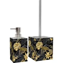 Badaccessoire-Set SANILO "Golden Leaves", schwarz (schwarz, gold), glänzend, Polyresin (Kunststein), Badaccessoires-Sets, modernes Design, kräftige farben, hochwertiges Material