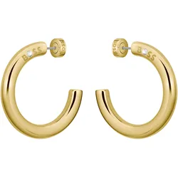 Paar Creolen BOSS "LIVE STATEMENT, 1580738", gold (gelbgoldfarben, edelstahlfarben, weiß, weiß), Ohrringe, Damen, Edelstahl, mit Preciosa Crystal