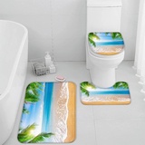 TiaoTian Badematten Set 3 teilig 50x80 Ozean Badezimmerteppich Set 3D WC Vorleger Set rutschfeste Badematte Maschinenwaschbar Palmen Landschaft Strand Badteppich Set für Badezimmer badvorleger