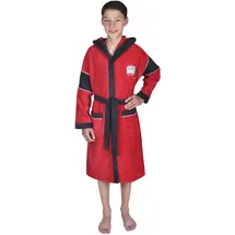 Wörner Kinderbademantel WÖRNER "Headphones" Gr. 140, rot, L:85cm, Baumwoll-Webfrottier, Hausmäntel, mit Stickerei, mit Taschen, maschinenwaschbar, trocknergeeignet