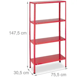 Relaxdays Schwerlastregal 4 Ebenen Metall 147,5x75,5x30,5 cm rot