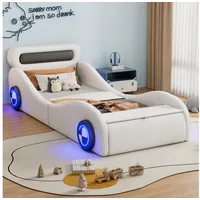 Merax Autobett 90x200cm mit LED Rädern (1-tlg), Polsterbett Kinderbett Jugendbett Einzelbett mit Stauraum, Kunstleder weiß