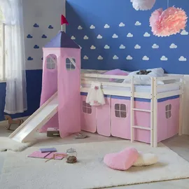 Homestyle4u Hochbett 90 x 200 cm Kiefer massiv weiß rosa