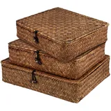 SINJEUN 3er Set Kaffeebraun Aufbewahrungskorb mit Deckel, 2 Größe Regalkorb Seegras, Seegraskörbe für Wohnzimmer, Bad, Küche, 28 x 24 x 6.5cm, 32 x 28 x 7cm