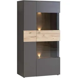 Highboard Vitrine COMO Verglasung rechts Optik Grau / Planked Eiche - Grau