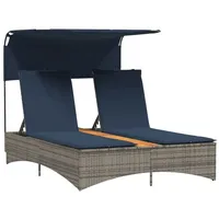 VidaXL Doppel-Sonnenliege mit Dach und Kissen Grau Poly Rattan