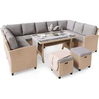 di volio Polyrattan Sitzgruppe LIVORNO - Lounge Gartenmöbel-Set mit Ecksofa, Tisch & 2 Hockern - Loungemöbel in Rattan-Optik inkl. eine Fleecedecke - Beige/Hellgrau
