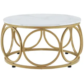 MCombo - M Beistelltisch Rund Holz, Modern Sofatisch Marmor Weiß Gold, Klein Kaffeetisch Metallgestell, Couchtisch Für Wohnzimmer, Durchmesser 80cm, 2102