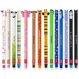 Legami Set mit 14 radierbaren Gelstiften mit thermoempfindlicher Radiertinte, verschiedene Tintenfarben und Schaftdesigns, 0,7 mm Spitze, Tiermotive