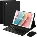 SOPPY Bluetooth Tastatur Hülle mit Maus für iPad 6th Gen 2018/5th Gen 2017, iPad Pro 9.7, iPad Air 1-2, abnehmbare kabellose Tastatur, mit Stifthalter, Slim Cover, USB-C wiederaufladbar, Schwarz