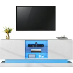Merax Weißer Hochglanz-TV-Schrank - 1,6 Meter Länge, Verstellbare Glasablage, 70 Zoll Platz, Stilvolle Aufbewahrung mit Silent Hinges