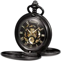 TREEWETO Unisex Taschenuhr mit Kette Analog Mechanisch Handaufzug Doppelscharnier Antik Graviert Römische Schwarz