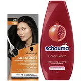 Schwarzkopf Ansatzset A5 Schwarz Stufe 3 (45 ml) zum Haaransatz kaschieren in nur 10 Minuten, Ansatzfarbe & Schauma Farbschutz-Shampoo Color Glanz (400 ml) pflegt coloriertes Haar