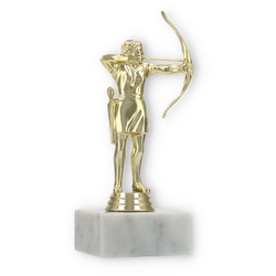 Pokal Kunststofffigur Bogenschützin gold auf weißem Marmorsockel 17,5cm