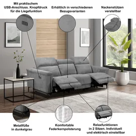 OTTO home 3-Sitzer OTTO HOME "LUND Cord, B. 222cm, manuelle/elektrische Relaxfunktion in 2 Sitzen", grau, B:222cm H:97cm T:100cm, 100% Polyester, Sofas, USB-C bei elektrischer Ausführung, Kopfteilverstellung, Topseller