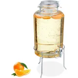 Relaxdays Getränkespender mit Ständer, Limobehälter 8 L, Zapfhahn, Wasserspender, Glas, Bügelverschluss, transparent