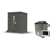 Woodfeeling Karibu Gartensauna Saunahaus Hytti 0 terragrau Energiesparende Saunatür 9 kW Ofen inkl. Steuergerät inkl. 8-teiligem gratis Zubehörpaket (Gesamtwert 191,92€)