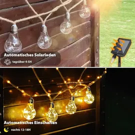 salcar Lichterkette LED 10M Hanfseil 20 Glühbirnen Solar wetterfest Warmweiß