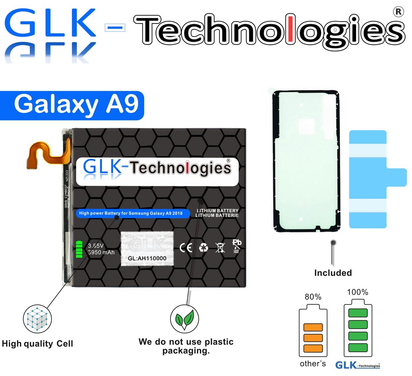 GLK-Technologies High Power Ersatz Akku kompatibel mit Samsung Galaxy A9 2018 A920F EB-BA920ABU, GLK-Technologies Battery, accu, 3950mAh, inkl. 2X Klebebandsätze Smartphone-Akku 3950 mAh (3.8 V)