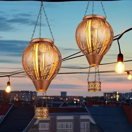 GLOBO 2er Set LED Solarleuchte Heißluftballon Feuereffekt Außenleuchte Hängelampe Terrassenleuchte, Dekorstanzugen, braun