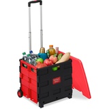 Relaxdays Einkaufstrolley, Klapptrolley mit Rollen & Deckel, Teleskopgriff, bis 35 kg, Faltbarer Trolley, rot/schwarz