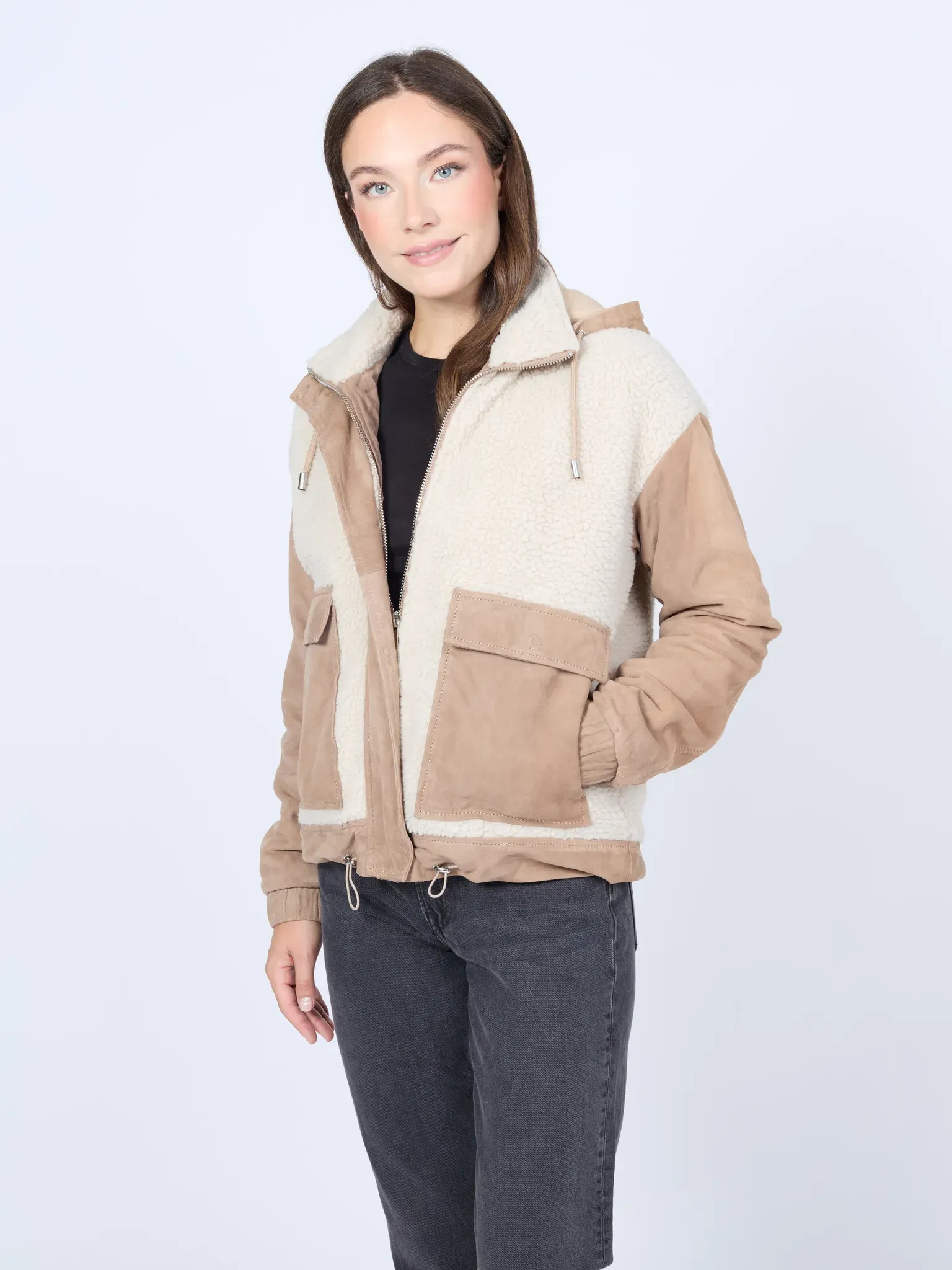 Lederjacke MUSTANG "31022239", Damen, Gr. XL, grau (taupe), Obermaterial: 100% Lammleder /Kunstpelz: 100% Polyester / Ärmelfutter: 100% Polyester / Kapuze: 100% Lammleder / Taschenfutter: 100% Baumwolle, Jacken