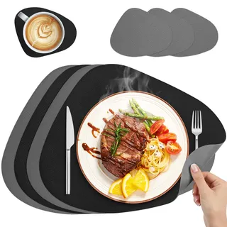 wiipara Tischsets Abwaschbar Oval 4er Set mit Untersetzer - Lederoptik Platzsets rutschfest & Hitzebeständig - PU Leder Doppelseitige Platzdeckchen für Esstisch (Grau+Schwarz)