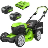 Greenworks 48V (2x24V) Akku Rasenmäher für große Flächen bis zu 480m2, 46cm Schnittbreite, 55L Sack PLUS zwei 4Ah-Akkus und Doppelladegerät GD24X2LM46SPK4X