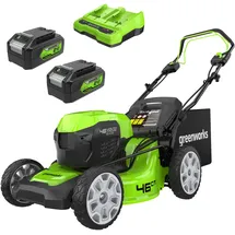 Greenworks 48V (2x24V) Akku Rasenmäher für große Flächen bis zu 480m2, 46cm Schnittbreite, 55L Sack PLUS zwei 4Ah-Akkus und Doppelladegerät GD24X2LM46SPK4X