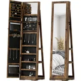 Rustikaler, Brauner, Um 360° Drehbarer Schmuckschrank Mit Ganzkörperspiegel, Für Das Schlafzimmer, Bietet Umfassende Aufbewahrungsmöglichkeiten Für Schmuck.