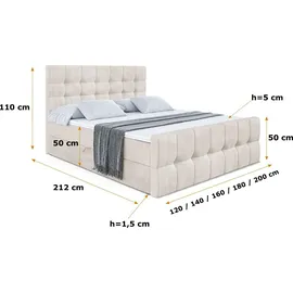 altdecor Boxspringbett mit Matratze Topper, Polsterbett mit Bettkasten BERO-Z | Beige Casablanca | 140x200