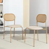 JiaOyu Rattan Esszimmerstühle 2er Set, Esszimmerstühle Rattanstuhl mit Kissen, Moderner Küchenstuhl mit Metallbeinen und Ergonomischer Rückenlehne, Esszimmer und Wohnzimmer (Beige+runde Rückenlehne)