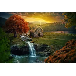 Fototapete PAPERMOON "NATUR-IDYLLE-RUHIG BERGE WASSERFALL FLUSS BACH HERBST", bunt, B:4,00m L:2,60m, Vlies, Tapeten