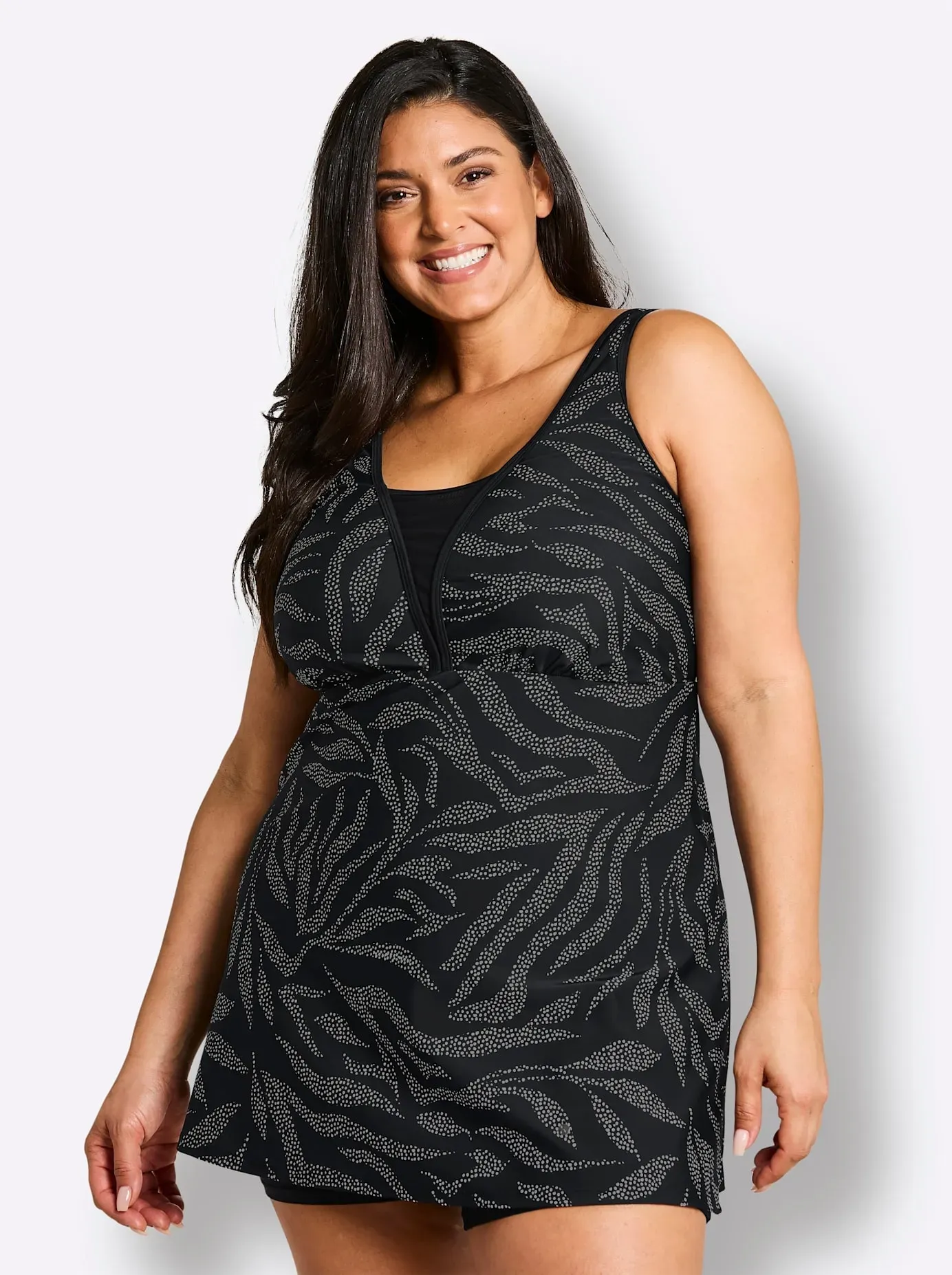 Badekleid SHEEGO, Damen, Gr. 52, Cup F, schwarz-weiß (schwarz, weiß, bedruckt), Elasthan, Polyamid, Badeanzüge
