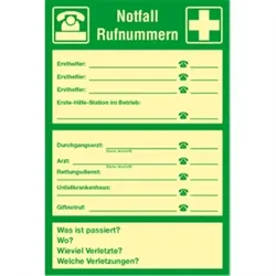 Schild Notfall Rufnummern zur Selbstbeschriftung, Kunststoff, nachleucht., 200x300 mm