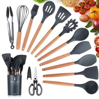 Küchenhelfer Set, KagoLing küchenutensilien set Antihaftes Hitzebeständiges küchenhelfer set silikon mit Holzgriff 13 Stücke Küchengerät Inkl Löffel, Tongs, Schneebesen, Spachtel