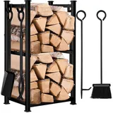 kaminwerkzeugausstattung Kaminholzregal mit 4 Kaminwerkzeugen 72 x 46 x 30 cm Schwarz