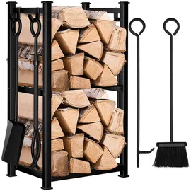 kaminwerkzeugausstattung Kaminholzregal mit 4 Kaminwerkzeugen 72 x 46 x 30 cm Schwarz