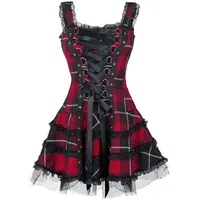 Minetom Damen Gothic Kleid Kariertes Schnüren Minikleid Strap Kleid Street Punk Cosplay Kleid Steampunk Vintage Rockabilly Kleid Rot M - M