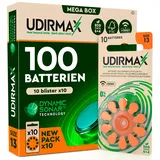 100 Batterien für Hörgeräte Größe 13 Udirmax PR48 Orange Zink-Luft mit Dynamic Sonar Technologie Öko-Pack - 10 umweltfreundliche Blisterpackungen mit 10 Hörgerätebatterien