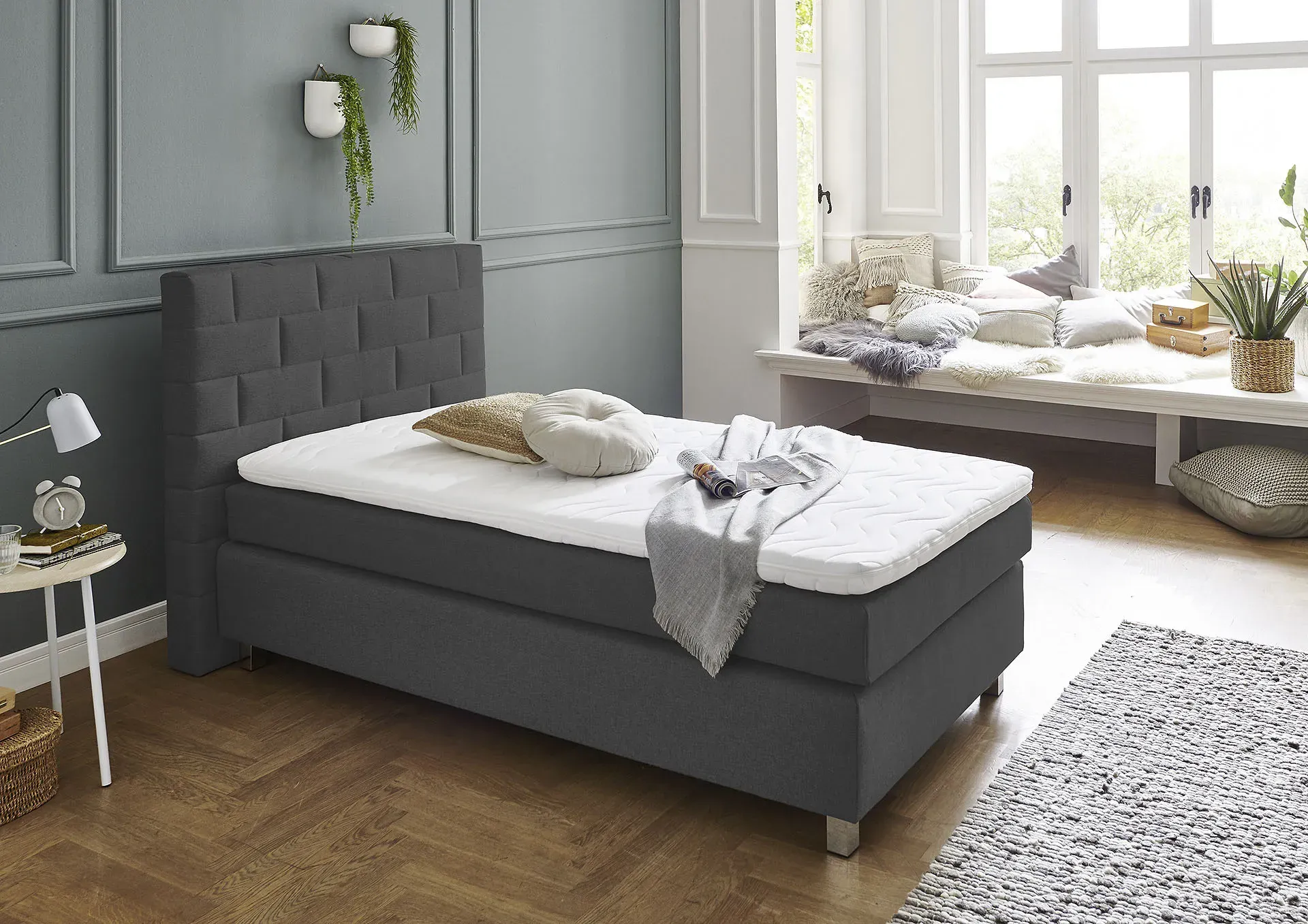Boxspringbett, grau (charcoal), B:115cm L:210cm, Bezug Bett: Feinstruktur 100% Polyester;Bezug Bonnell-Federkernmatratze: 100% Polyester;Bezug Kaltschaummatratze: 100% Polyester;Bezug Tonnentaschenfederkernmatratze: 80% Baumwolle, 20%Polyester;Topper: Komfortschaum mit Bezug 100% Polyester, WESTFALIA SCHLAFKOMFORT, Komplettbetten, Boxspringbett, mit Topper