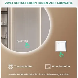 pesenxan Runder Spiegel mit Beleuchtung 60cm 3 Lichtfarben Silber