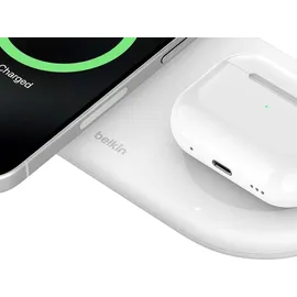 Belkin BoostCharge Pro kabellose 2-in-1-Ladestation mit Qi2, 15W, Schnellladegerät, Wireless Charger für iPhone 17, Air, 16, Pixelsnap, AirPods und MagSafe-fähigen Geräten – Weiß
