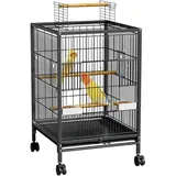 LILIIN Metall Vogelkäfige Papageienkäfig Vogelkäfig Vogelhaus Käfig Voliere für Wellensittiche & Kanarienvögel mit Rollen Schwarz 46x46x91cm (mit Offenem Dach)