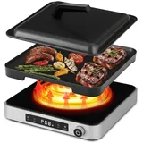 Cooktron Induktionskochplatte mit Grillplatte und Abdeckhaube - 2000W Einzelfeld Induktionskochfeld + Elektrogrill, 10+5 Stufen, Touchsteuerung & Drehknopf für Camping/Küche/Outdoor