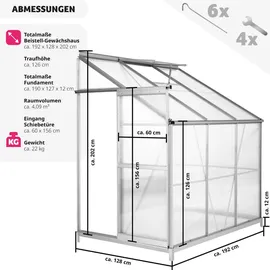 Tectake tectake® Anlehngewächshaus, 4,09 m3, mit Fundament, UV-beständig und wärmedämmend, 192 x 128 x 202 cm