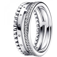 PANDORA Signature Logo Pavé & Perlen Ring in der Farbe Silber aus Sterling-Silber mit Cubic Zirkonia - 58,
